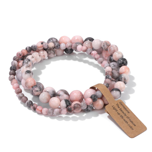 Risyfjew 3 PCS Natural Stone Beaded Stretch Bracelet 4mm 6mm 8mm Healing Crystal Bracelets Women Pink Zebra Jasper Jewelry Gift