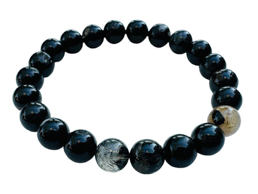 GAF TREASURES Black Tourmaline With Quartz Crystal Bead Bracelet 6-8mm, Genuine Black Tourmaline With Quartz Stretch Gemstone Bracelet, Healing Crystal Bracelet, Gift for Men & Women (1)