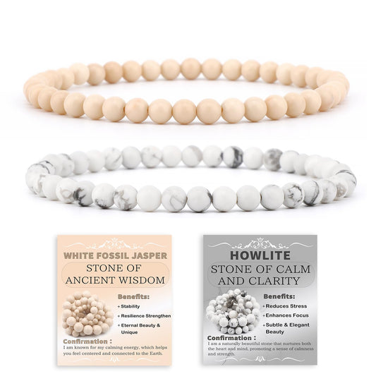 NCB 2-Piece 4mm Natural Crystal Gemstone Stretch Bracelets – ﻿Howlite, White Fossil Jasper Handmade Reiki Energy Healing Jewelry for Meditation,Yoga, Unisex