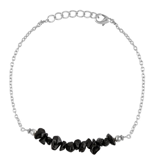 Gemimpression Handmade Black Spinel Chips Bar Bracelet – Natural Energy Healing Crystals – Silver Plated Adjustable 8 Inch Chain – Christmas Gift