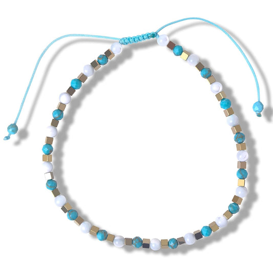 BEADSENER Stabilized Turquoise Adjustable Charming Bracelet for Women, 3mm Natural Shell Gemstone Hematite Stone Beads, Pull String Slider Metal Free Design Waterproof, Gift for Her Daily Wear