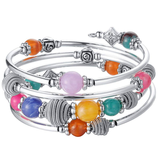 PEARL&CLUB Beaded Chakra Bangle Turquoise Bracelet - Fashion Jewelry Wrap Bracelet with Thick Silver Metal and Mala Beads, Birthday Gifts For Women(Colorful)