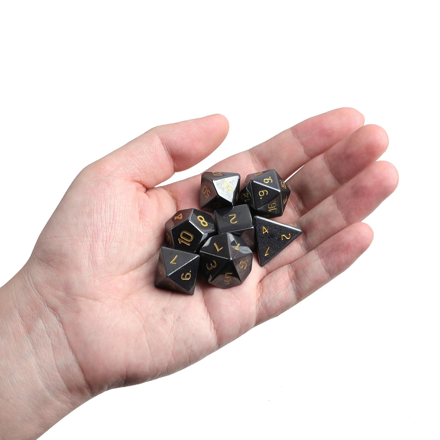 mookaitedecor 7 PCS Hematite Crystal Polyhedral DND Dice Set, Polished Tumbled Stones Dices for RPG MTG Table Games Home Decoration