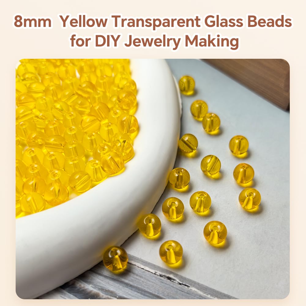 PAMIR TONG 400pcs 8mm Round Glass Beads for Bracelet Pretty Smooth Loose Beads for Necklace-Earring-Jewelry Making and DIY Crafts (Clear Yellow)
