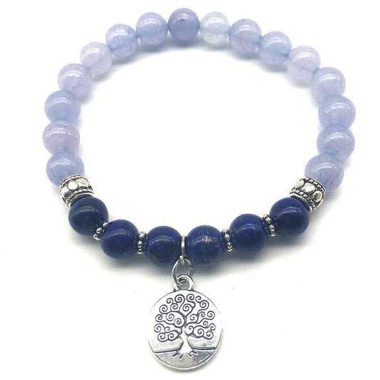 Blue Chalcedony & Lapis Lazuli Bracelet – 8mm Natural Gemstone Beads with Tree of Life Charm – Handmade Stretch Bracelet for Women and Men – Yoga Girl USA