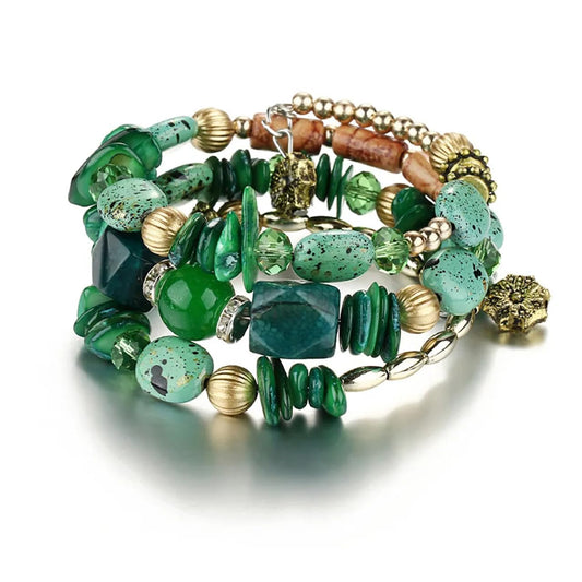 Jewellify Women Retro Crushed Natural Stone Bracelet Multi-Layer Winding Shell Beaded Bracelets (Green)