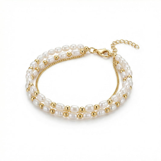 Pearl Bracelets for Women - 3 Pcs Gold Tone Dainty Beaded Bracelet Set - Minimalist Layered Simulated Pearl Link Chain Jewelry for Wedding Bridesmaid Party (White & Gold)