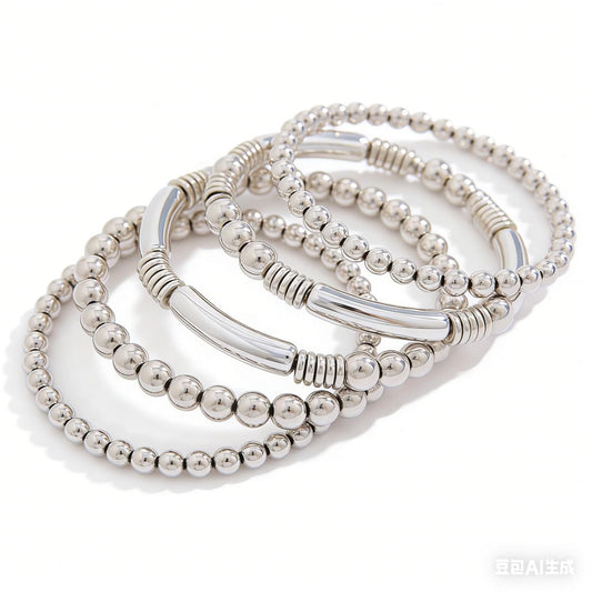 LXSSLY 5Pcs Silver Bangles Bracelets Set for Women,14K Gold Plated Stackable Bead Ball Bracelets Set,Adjustable Bead Bracelets,Boho Stretch Bead Ball Bracelet for Women