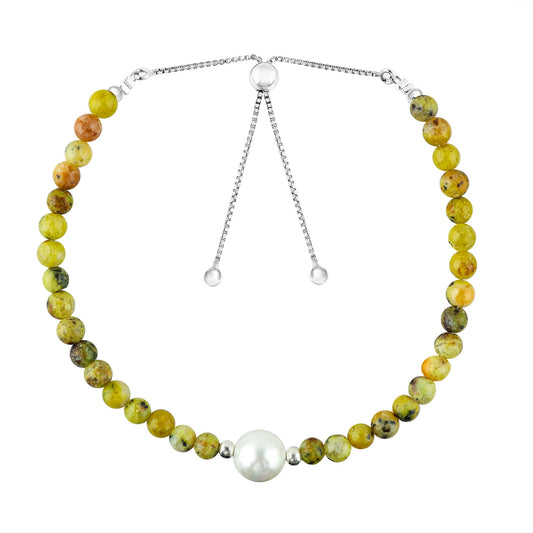 CRYSTALINES Natural Green Opal Gemstone Bolo Bracelet, Cultured Pearl Beads Stones, Handmade Hypoallergenic Boho Jewelry for Women, Healing Crystals, Adjustable Silver Plated 6+4inch, Birthday Gift