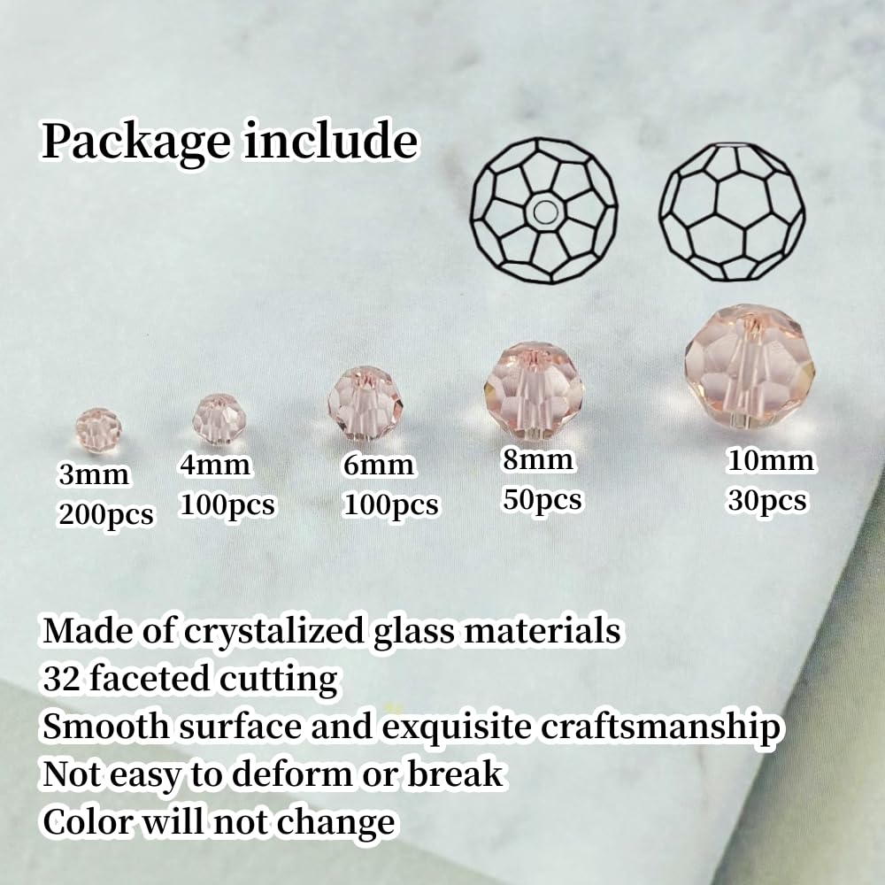 Honkoolly 480pcs Crystal Glass Beads 3mm 4mm 6mm 8mm 10mm Round Faceted Glass Spacer Beads for Bracelets Necklace Earring DIY Jewelry Making Craft(Pink)