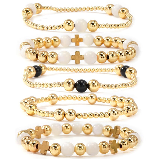 Bohxantium Gold Cross Beaded Bracelets for Women Handmade Boho Stretch Stackable 14K Gold Plated Glass Round Beads Ball Bracelet Stack Non Tarnish Trendy Jewelry Set Accessories Christian Gift