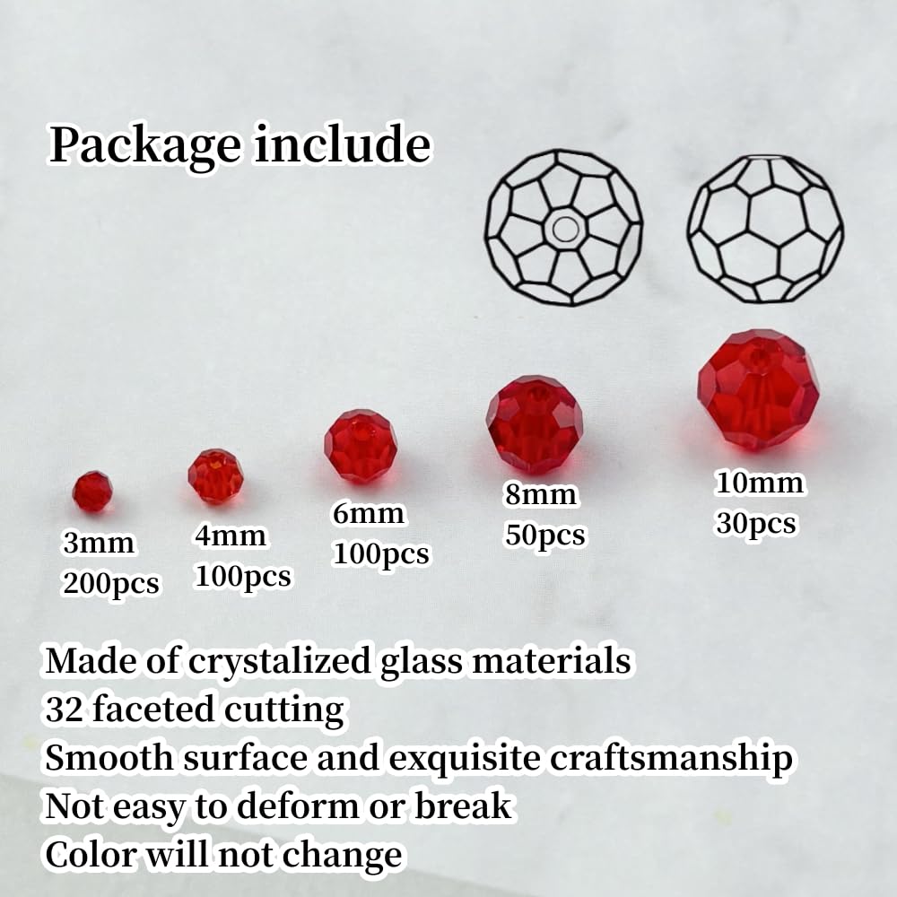 Honkoolly 480pcs Crystal Glass Beads 3mm 4mm 6mm 8mm 10mm Round Faceted Glass Spacer Beads for Bracelets Necklace Earring DIY Jewelry Making Craft(Red)