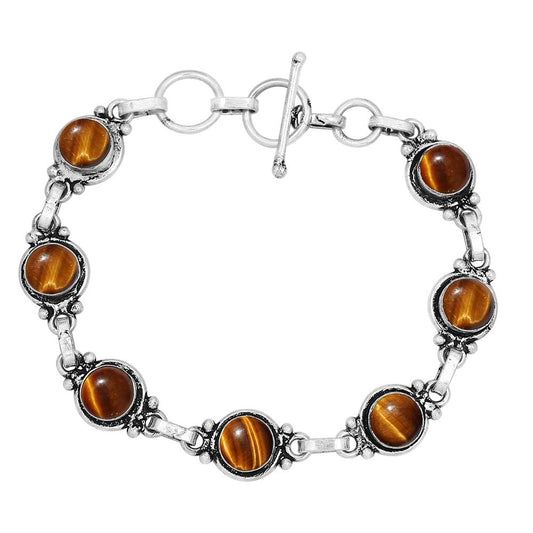Natural Tiger Eye 925 Silver Plated Round Gemstone Adjustable Bracelet for Women - November Birthstone Bohemian Vintage Style Handmade Jewelry Bracelet - Gift for Her