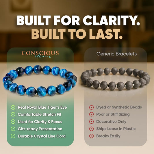 Conscious Items Hawk’s Focus Spiritual Bracelet, Royal Blue Tiger's Eye Bracelet for Clarity, Focus & Confidence, Genuine Crystal Bracelets for Empaths & Creatives