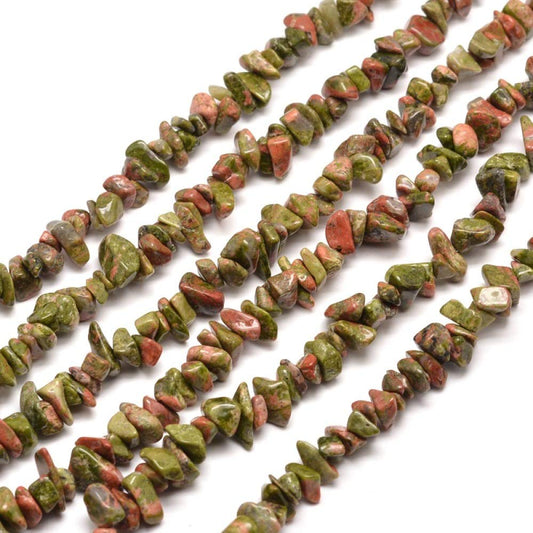 HAAMIIQII 5-8mm Natural Unakite Jasper Chips Loose Gemstone Beads for Jewelry Making - Irregular Chip Stones Energy Healing Strand 30 Inch