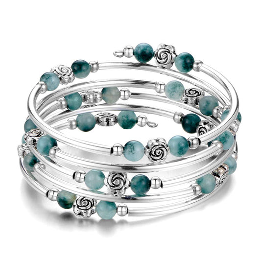 BULINLIN Wrap Bangle Rose Bead Bracelet - Beaded Bracelet with Natural Agate Stone Gifts For Women(01-Jade green)
