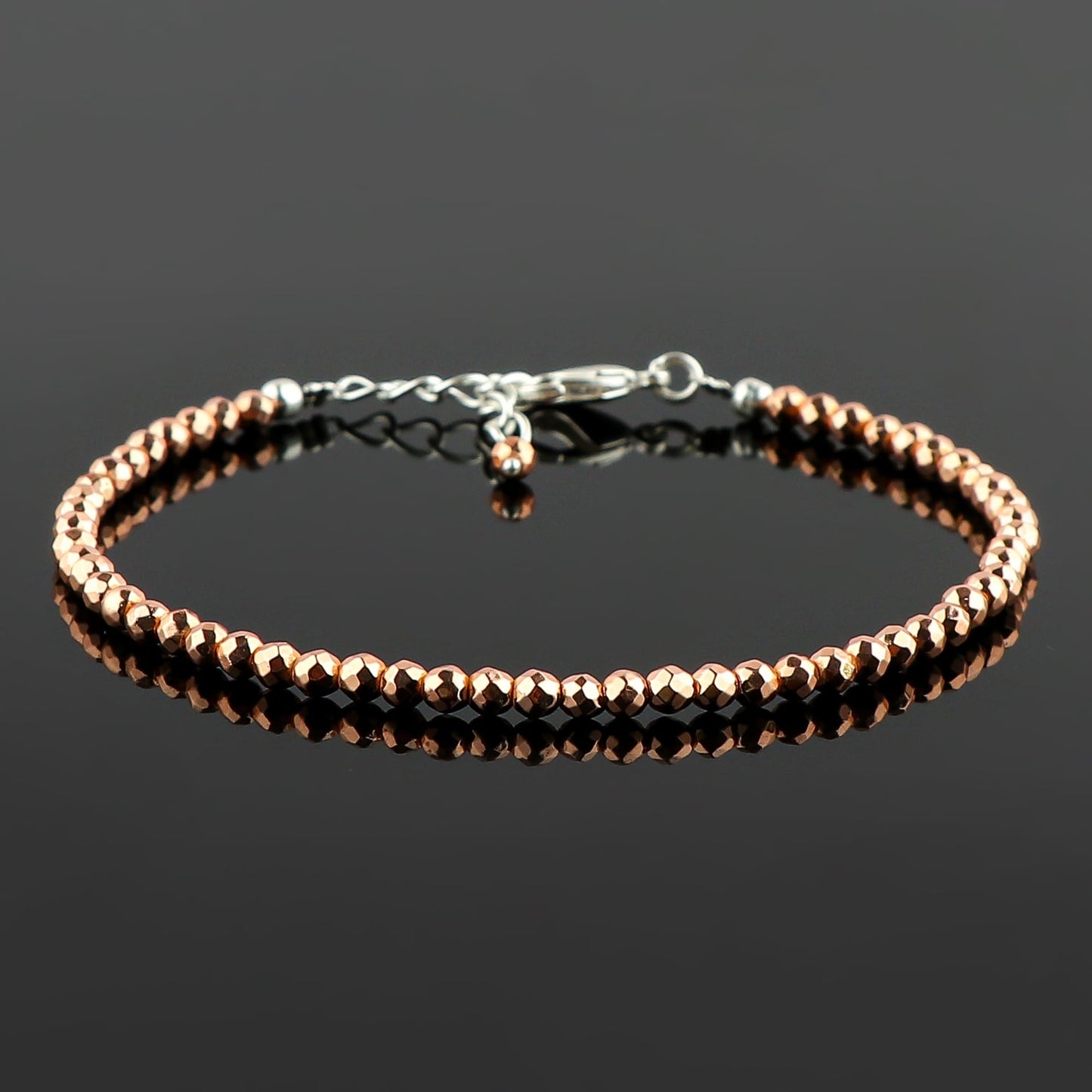 CRYSTALINES Genuine Rose Gold Hametite Gemstone Bracelet, Faceted Beads Stones, Hypoallergenic Handmade Boho Jewelry for Women, Healing Crystals, Adjustable Silver Chain 7+1inch, Birthday Gift