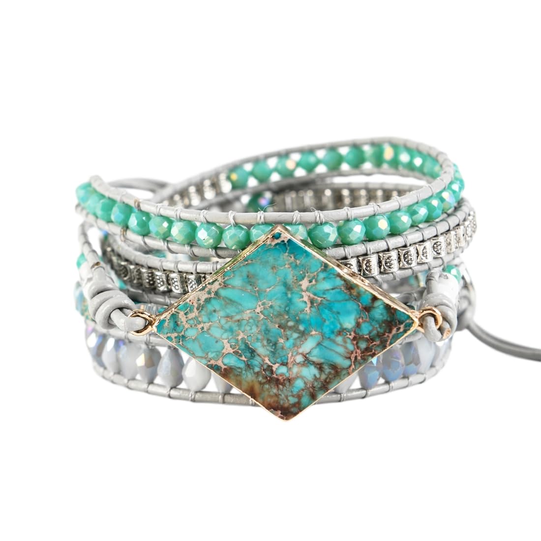 YGLINE Wrap Bracelets Crystal Beaded Bohemian Style Jasper Leather Woven Healing Stone Jewelry(Blue)