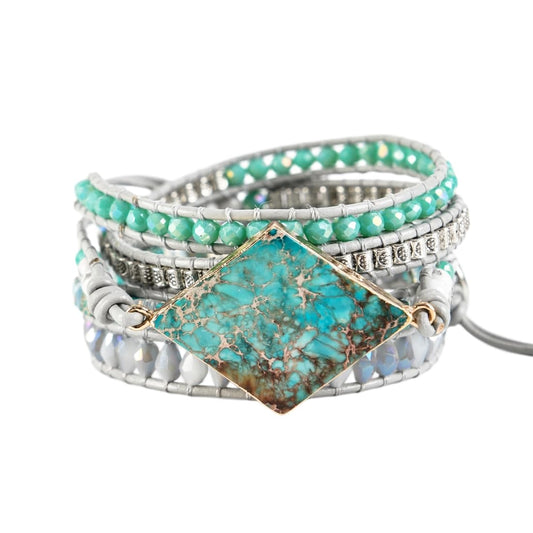 YGLINE Wrap Bracelets Crystal Beaded Bohemian Style Jasper Leather Woven Healing Stone Jewelry(Blue)