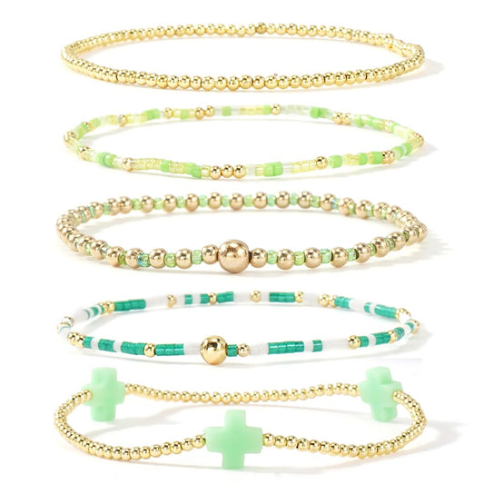 Bohxantium Gold Beaded Cross Bracelets for Women Dainty 14K Gold Plated Beads Ball Green Stretch Stackable Non Tarnish Bracelet Stack Boho Christian Jewelry Accessories Birthday Prom Friendship Gift