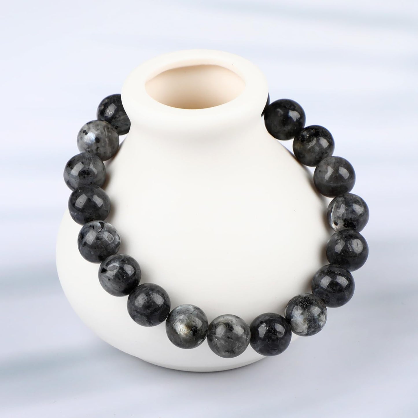 LPBeads Handmade Natural Gemstone Stretch Elastic 10mm Black Larvikite Bracelet Healing Crystal Round Stone Beads Jewelry Gifts for Women Men