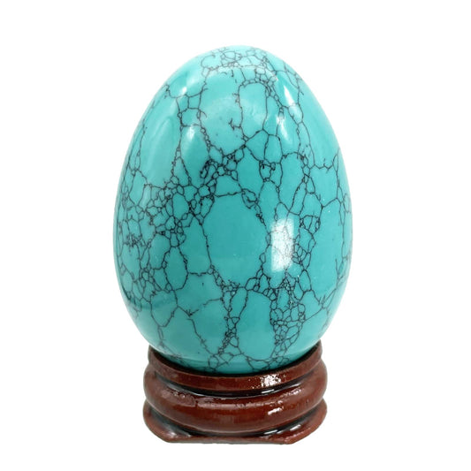 Fekuar Stone Egg Figurine, Polished Healing Crystal Easter Eggs Sphere Sculpture with Wood Stand, Green Howlite Turquoise, 1.8"