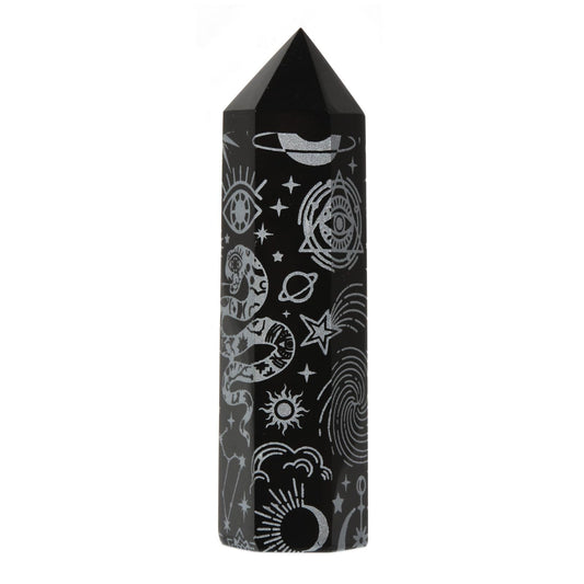 Black Obsidian Moon and Witch Crystal Tower Healing Crystal For Spiritual Use Hexagonal Point Reiki Chakra Gemstone Home Office Decor