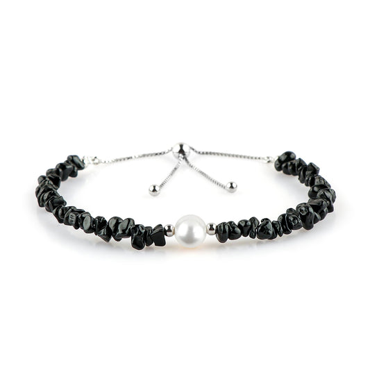 CRYSTALIS Natural Black-Spinel Beads Slider Bolo Bracelet with Elegant Pearl, Uncut Chips Nuggets Crystals, Chakra Healing Gemstone, Women Jewelry, 925 Sterling Silver Slider 10 inch