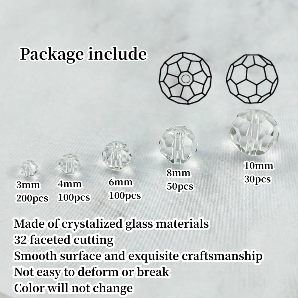 Honkoolly 480pcs Crystal Glass Beads 3mm 4mm 6mm 8mm 10mm Round Faceted Glass Spacer Beads for Bracelets Necklace Earring DIY Jewelry Making Craft(Clear)