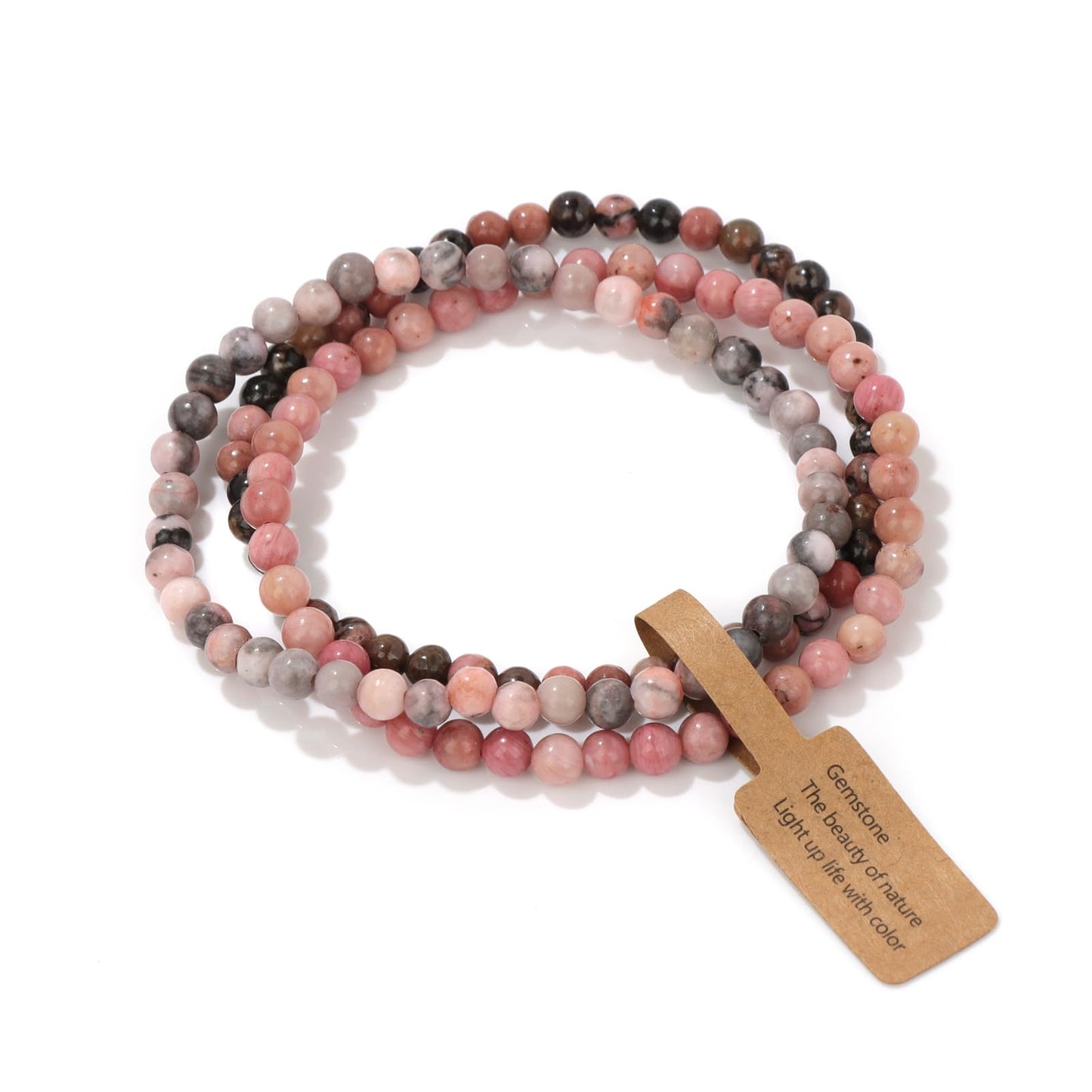 Risyfjew 3 PCS Healing Crystal Bracelets Women 4mm Natural Stone Beaded Stretch Bracelet Pink Zebra Jasper Jewelry Gifts