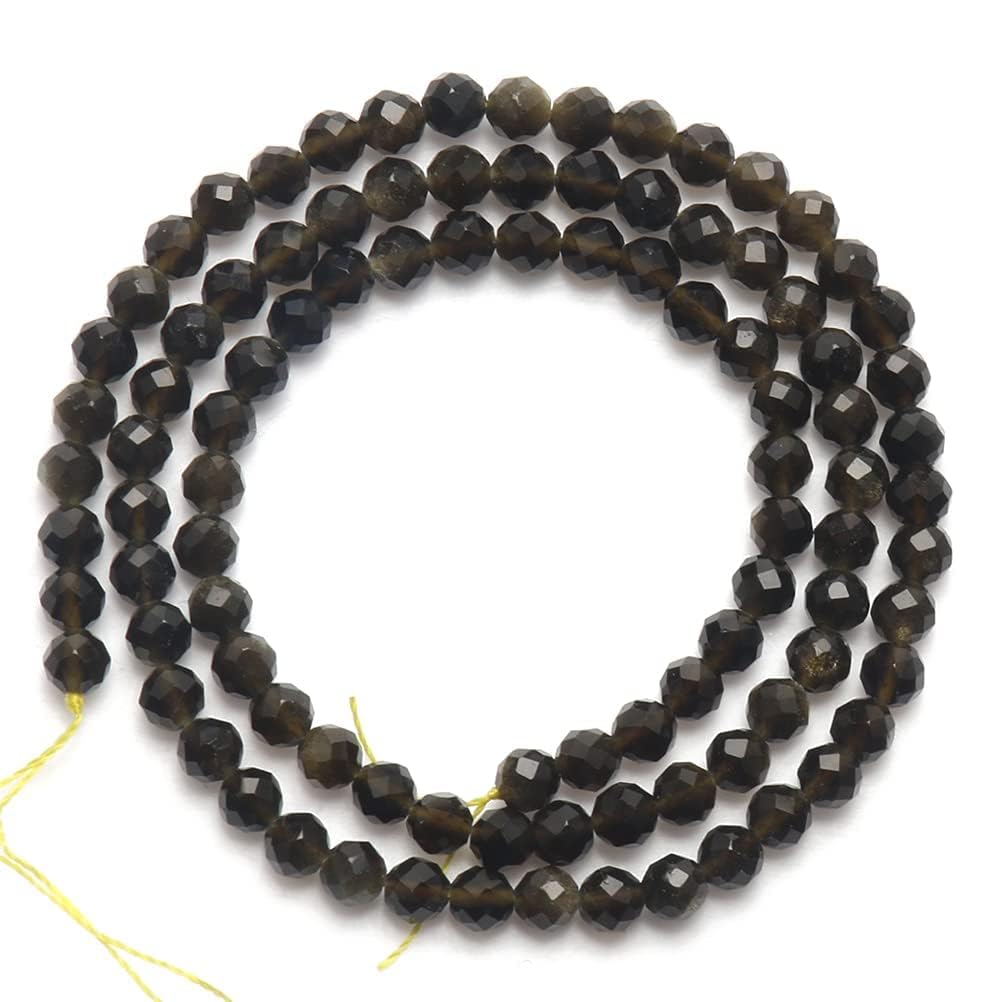 Song Xi 90pcs 4mm Natural Gold Obsidian Gemstone Beads Faceted Round Loose Stone Beads for Jewelry Making