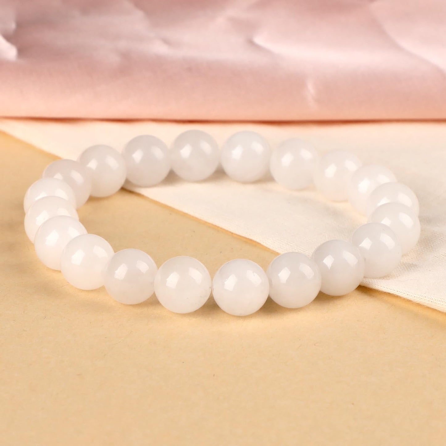 LPBeads Handmade Natural Gemstone Stretch Elastic Bracelet Healing Crystal Round Stone Beads Jewelry Gifts for Women Men (White Jade, 10mm)