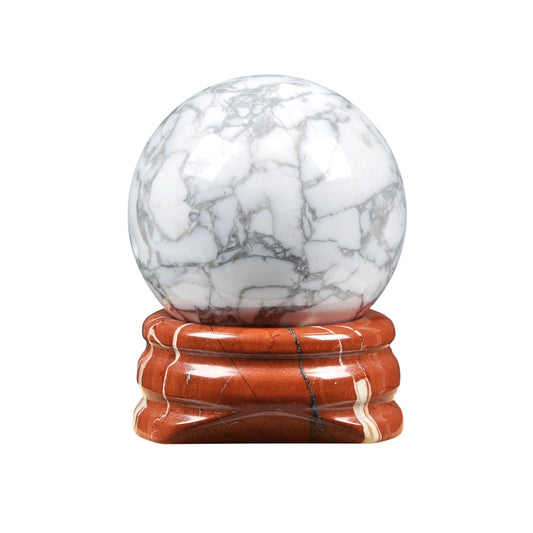 Justinstones Polished White Howlite Sphere with Red Jasper Stand – Handcrafted Gemstone 30mm Ball for Energy Healing, Meditation, and Home Décor