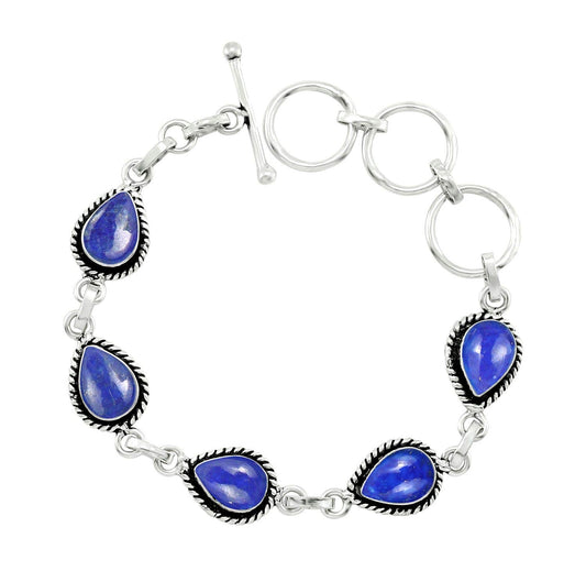 Natural Lapis Lazuli Silver Plated Link Bracelet for Women - Blue Stone September Birthstone Adjustable Handmade Vintage Style Jewelry Bracelet - Mother's Day Gifts for Mom