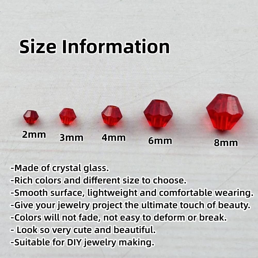 Pinhoollgo 1310pcs Bicone Crystal Glass Beads 2mm 3mm 4mm 6mm 8mm Faceted Crystal Spacer Beads for Bracelets Necklace Pendants Earrings DIY Jewelry Craft Making(Red)