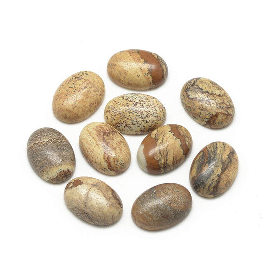 Fashewelry 50Pcs Natural Oval Picture Jasper Flat back Gemstone Cabochons 14x10mm Healing Chakra Crystal Stone Bead Cab Covers No Hole for Jewelry Craft Making