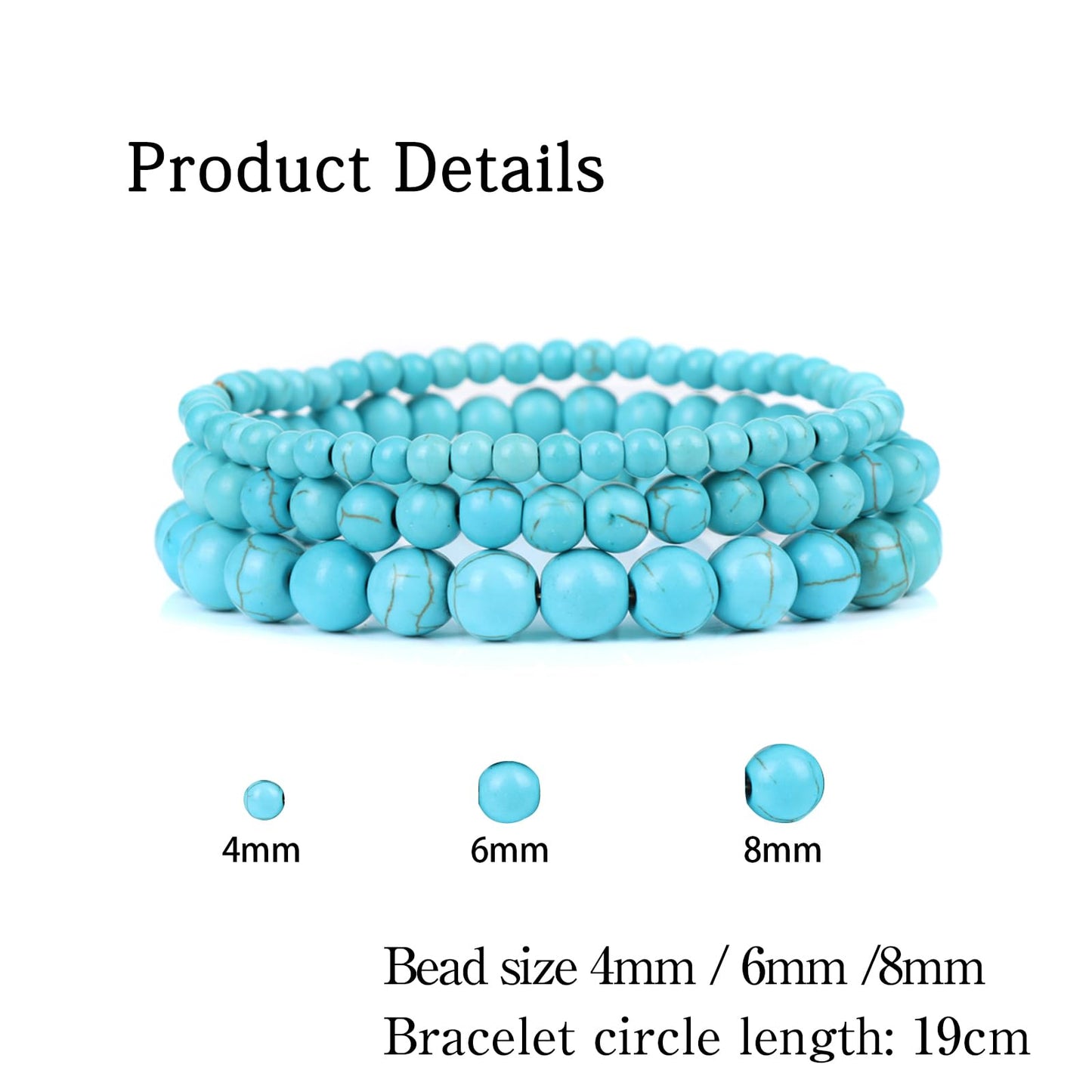 Risyfjew 3 PCS Natural Stone Beaded Stretch Bracelet 4mm 6mm 8mm Healing Crystal Bracelets Women Blue Turquoise Jewelry Gift