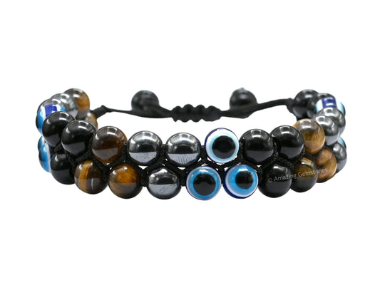 Amazing Gemstone Evil Eye Ultimate Protection Bracelet - Multi Triple Protection Bracelet unisex - Hematite, Tiger Eye, Black Obsidian Bracelet Set Healing Stones Pulseras Para Hombres Mujer