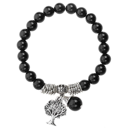 Jovivi 8MM Natural Black Agate Onyx Gemstone Healing Point Tree Life Lucky Charm Stretch Bracelet