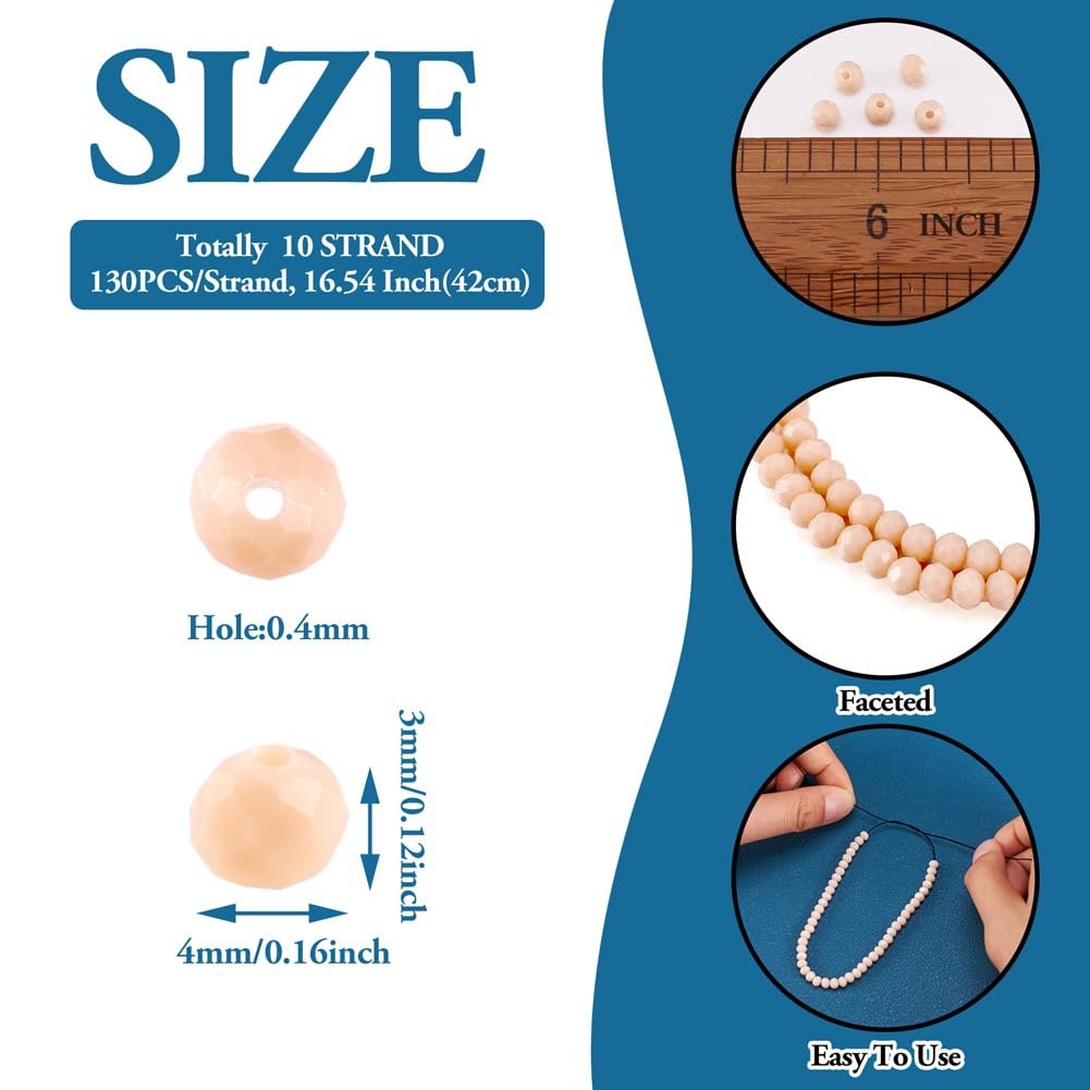 10 Strands Briolette Faceted Rondelle Glass Beads 4x3mm Tiny Opaque Glass Loose Beads 1230pcs for Bracelets Jewelry Making