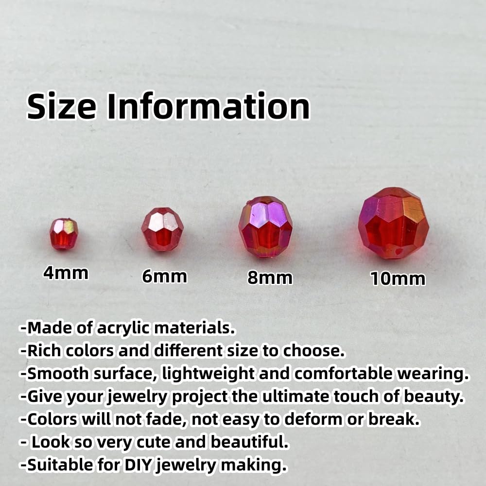 Pinhoollgo 1800pcs Acrylic Faceted Round Beads 4mm 6mm 8mm 10mm AB Colors Glossy Acrylic Round Spacer Beads with Hole for DIY Bracelet Necklace Jewelry Making Supplies Handmade Craft(Red AB)