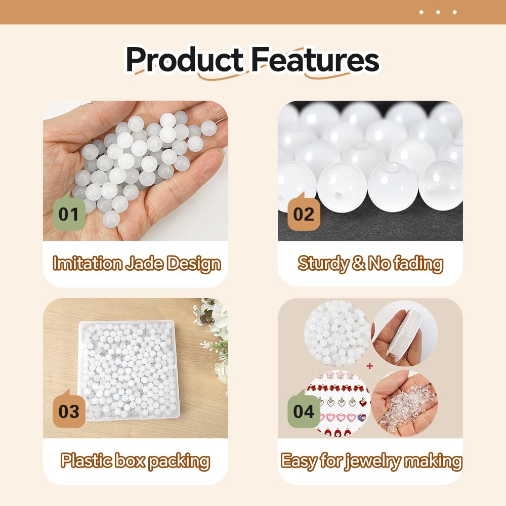 PAMIR TONG 400pcs 8mm White Round Glass Beads for Bracelet Pretty Smooth Loose Beads for Necklace-Earring-Jewelry Making-Home Decor and DIY Crafts & Projects