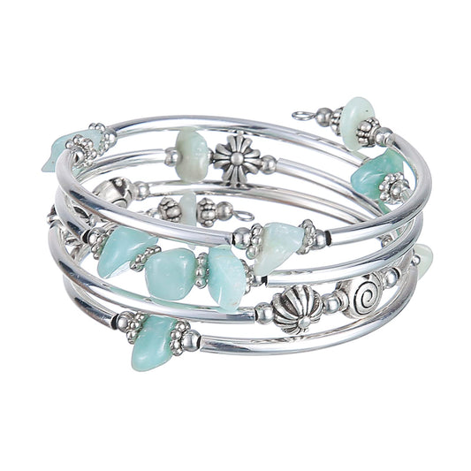 FULU AUTUMN Stone Silver Bangle Wrap Bracelet Boho Turquoise Crystal Chips Bead Bracelets Fashion Jewelry Birthday Gifts for Women(19-Green)