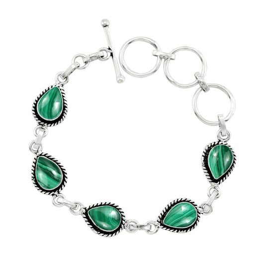 Natural Malachite Silver Plated Link Bracelet for Women - Green Stone April Birthstone Handmade Vintage Style Adjustable Jewelry Bracelet - Valentine Day Gifts for Her