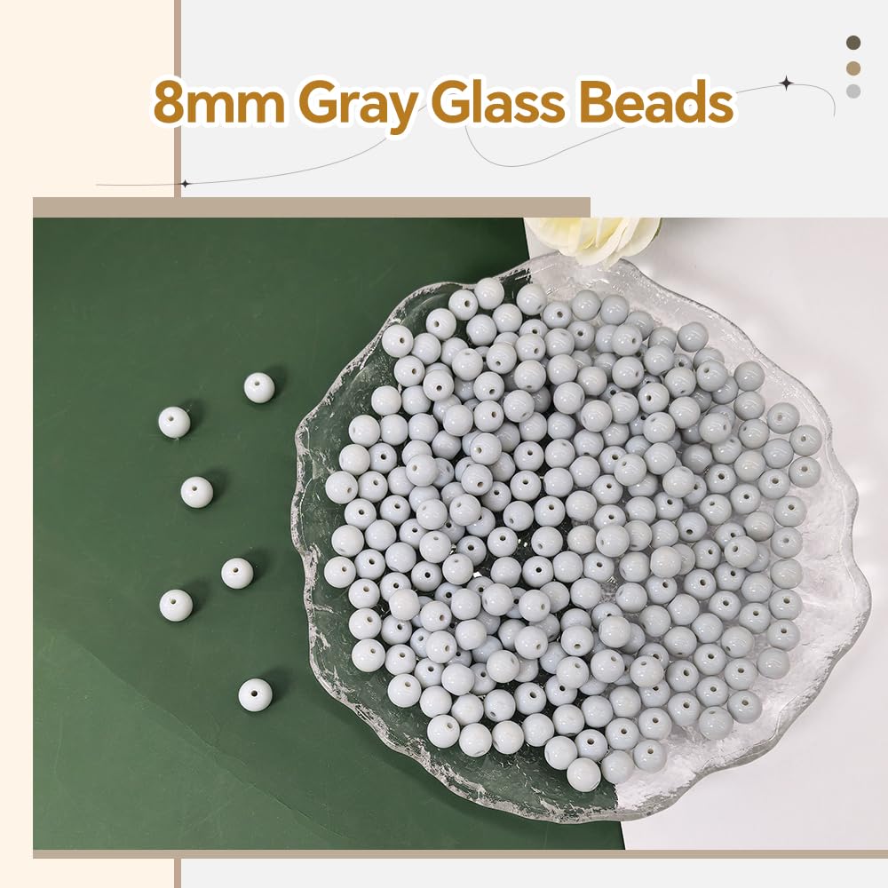 PAMIR TONG 400pcs 8mm Round Glass Beads for Bracelet Pretty Smooth Loose Beads for Necklace-Earring-Jewelry Making and DIY Crafts (Gray)