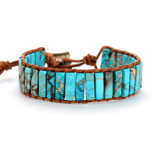 YGLINE Boho Handmade Natural Jasper Stone Healing Energy Bead Leather Wrap Bracelet Jewelry Collection