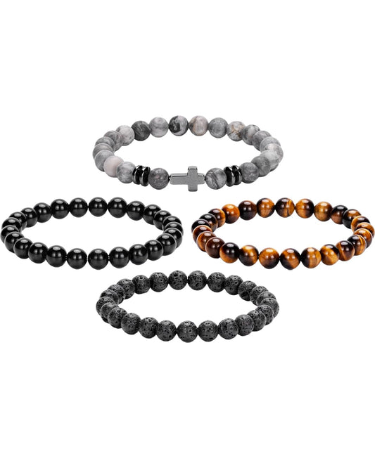 Crystery Men Beaded Bracelets, 8mm Natural Stone Bracelet, Healing Crystal, Jewelry Gifts for men, Triple Protection, Map Stone, Tiger Eye, Black Obsidian Beads Bracelets, Lava Rock, Pack of 4