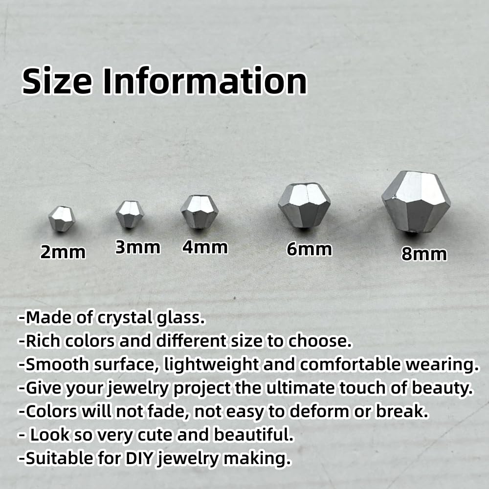 Pinhoollgo 1310pcs Bicone Crystal Glass Beads 2mm 3mm 4mm 6mm 8mm Faceted Crystal Spacer Beads for Bracelets Necklace Pendants Earrings DIY Jewelry Craft Making(Silver)