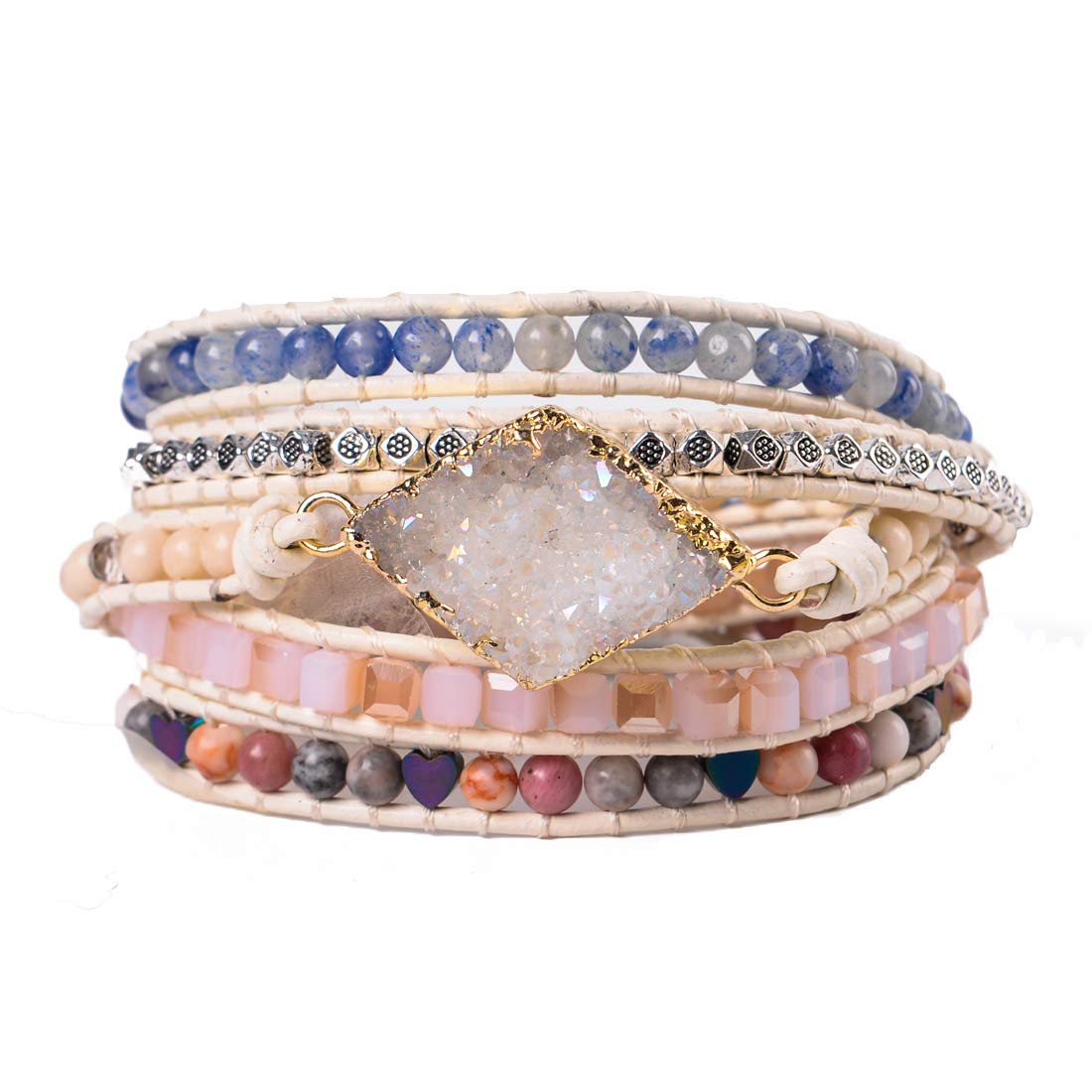 YGLINE Boho Handmade Wrap Leather Tube Crystal Stone Bracelet for Women (Druzy Stone)