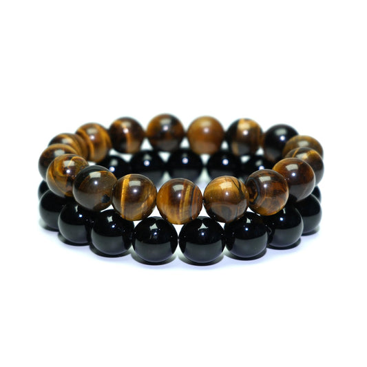 MTJAHPS Protection Bracelet, empath protection, black obsidian Crystals and Healing Stones Bracelet for Women ，Luck ，Anxiety and Stress Clam Bracelet (Obsidian + Tiger Eye（14mm)-2 Pcs